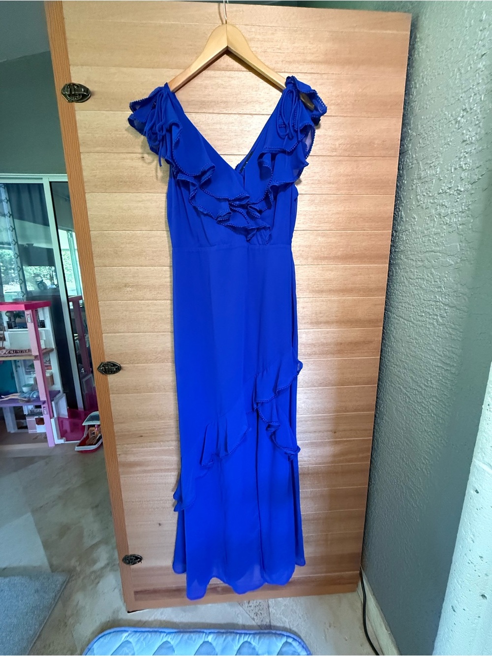 Lulu's Royal Blue Ruffle V-Neck Maxi Dress